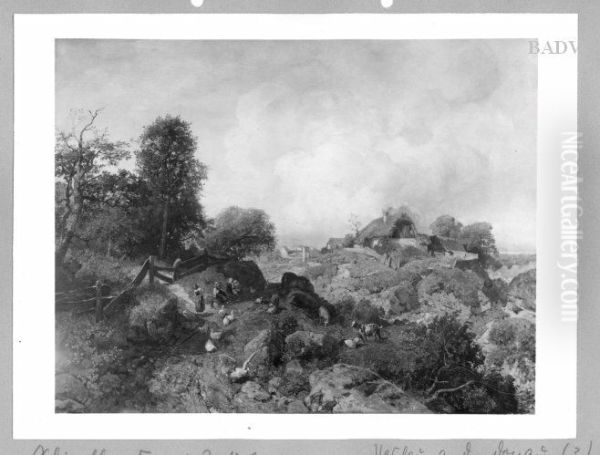 scenery with farmer's hut, cattle and women - view 1