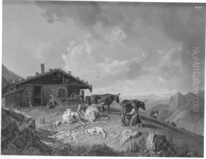 Sennhutte mit Sennerin by Heinrich Burkel