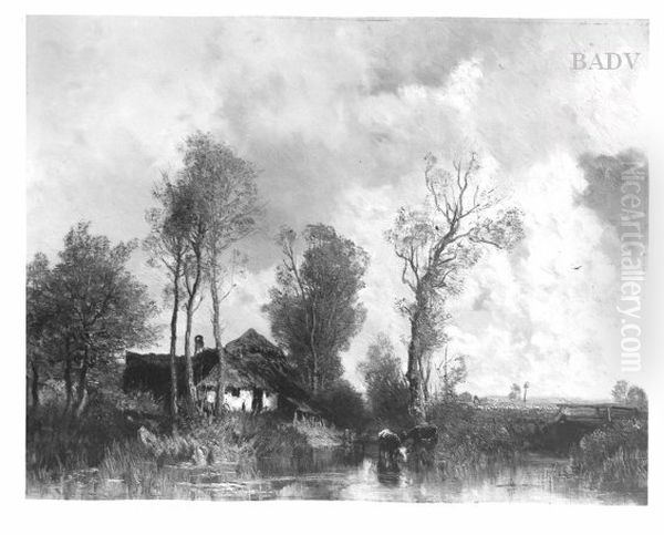 landscape with brook cows + cottage - view 1