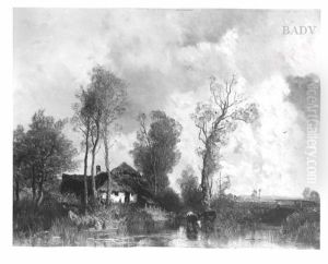 landscape with brook cows + cottage