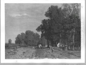 Waldlandschaft mit Strasse, Fuhrwerk und Schafen by Emil Jakob Schindler