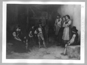 Dudelsackblaser und bauerliche Gruppe in einer Scheune