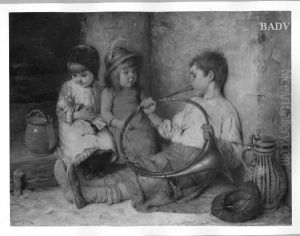 Zwei Madchen und ein Knabe Horn blasend by Hermann von Kaulbach