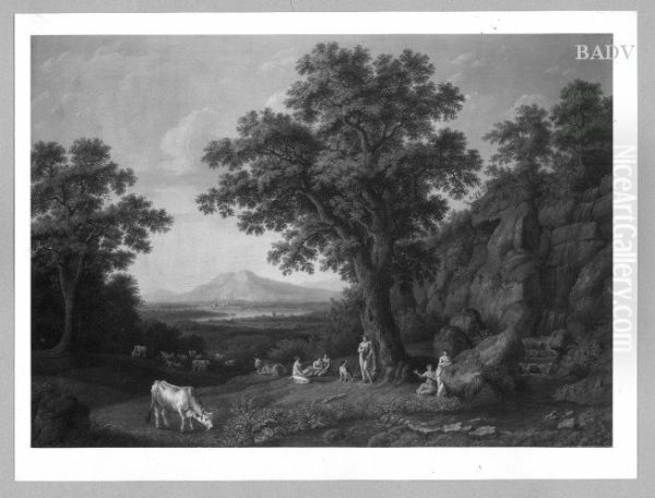 great heroic arcadic scenery with Apollo, 5 muses and cattle under oak-trees - view 1