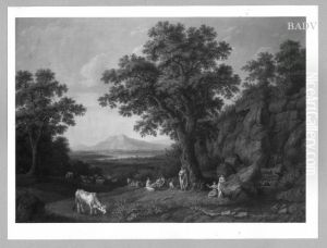 great heroic arcadic scenery with Apollo, 5 muses and cattle under oak-trees