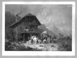 Strohfuhre vor der Schmiede (im Gebirge) by Heinrich Burkel