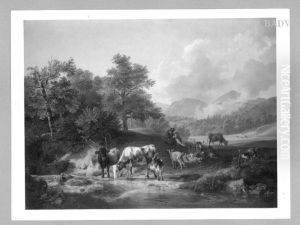 Landschaft mit Kuhen und Ziegen am Wasser by Friedrich Gauermann