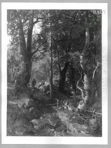 Waldinneres mit Frau und Kuhen