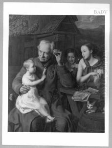 Familienbild, alter Invalide mit Kindern vor einem Haus by Ferdinand Georg Waldmuller
