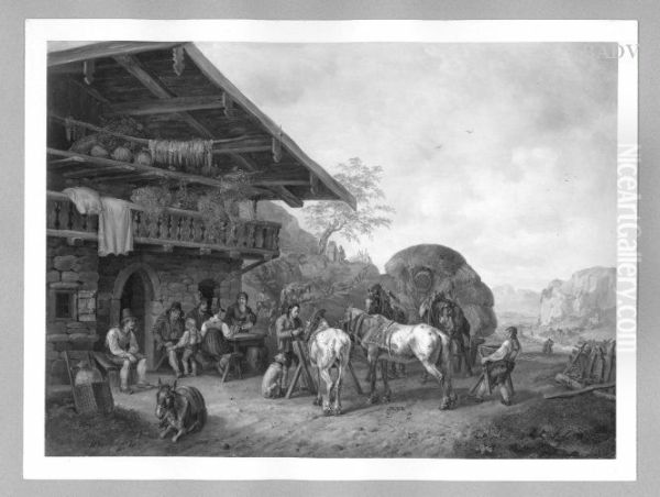 hay carriage in front of a peasant-house - view 1