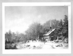 Winterlandschaft mit Forsthaus und Wildfutterung by Heinrich Burkel