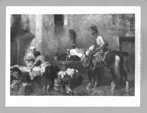 women + officer on horseback at a fountain by Wilhelm Von Diez