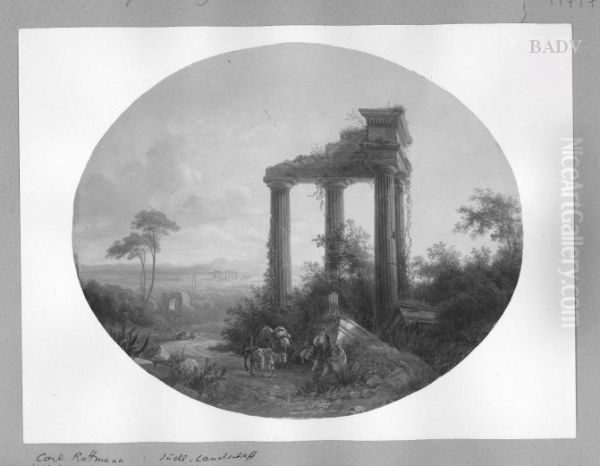 Italian landscape with ruins and travellers - view 1