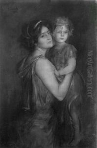 Damenportrat mit Kind, Frau Prof. Roubau mit Tochter by Lenbach Franz Von