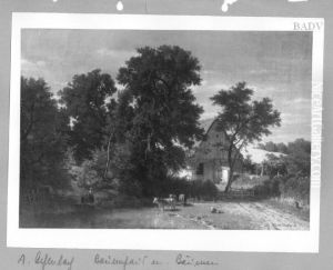 Landschaft mit Bauernhaus und Kuhen