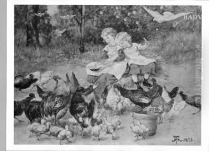 Zwei Kinder im Huhnerhof by Hans Thoma