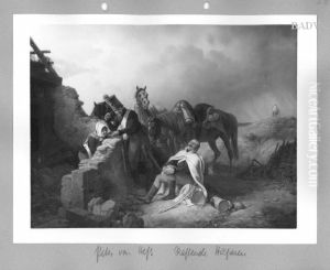 Rastende Soldaten mit Pferden ( Rastende Husaren) by Peter von Hess