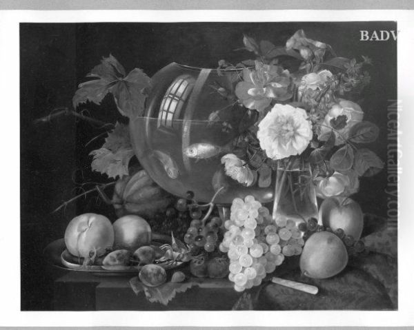 Blumenstillleben mit Fruchten und Goldfischglas - view 1