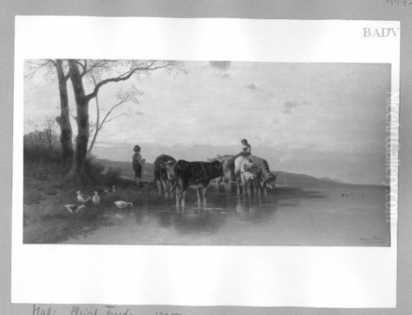 landscape, cattle at a lake - view 1