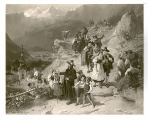 Gebirgslandschaft mit Tiroler Bauernhochzeit by Eduard Young