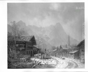 Village in winter by Heinrich Burkel
