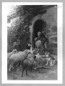 Sheep at a door-way by Heinrich Johann Von Zugel