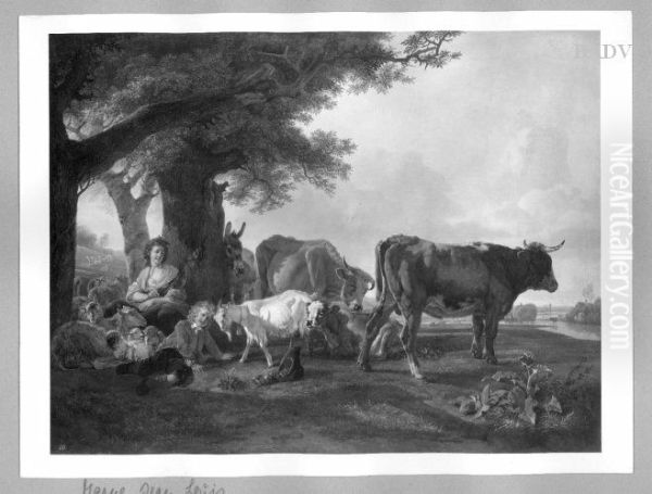 Vieh auf der Weide mit Schaferin und Knaben - view 1