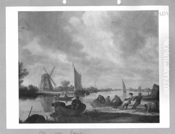 Beim Fischfang, Fluss mit Fischerbooten und Windmuhlen (Flusslandschaft mit Fischern) (Fischer bei der Arbeit) - view 1