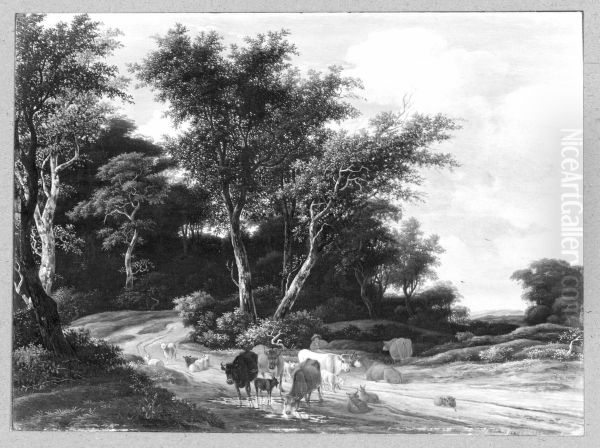 Wooded landscape with herders and cattle - view 1