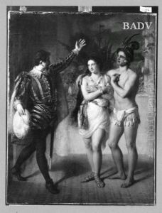Theater scene ? Gentleman in 16. c. dress + exotic couple Theater scene ? Gentleman in 16. c. dress + exotic couple