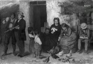 Family scene in front of the house