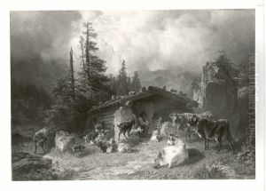 Hirt mit Kuhen und Ziegen vor der Almhutte by Friedrich Voltz