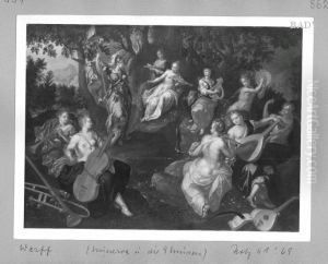 Standing woman with casquet (Athene?) and female figure playing music in scenery Standing woman with casquet (Athene?) and female figure playing music in scenery