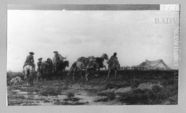 landscape four Cossacks with their horses - view 1