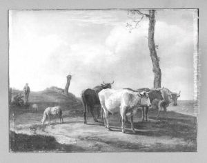 Landschaft mit vier Kuhen und Hirten by Paulus Potter