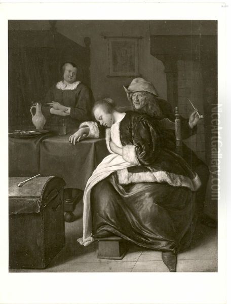 interior with three figures - view 1