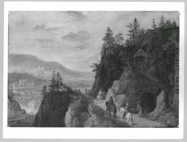 Bergstrasse mit Einsiedelei und Reiter (Berglandschaft mit Einsiedelei) - view 1