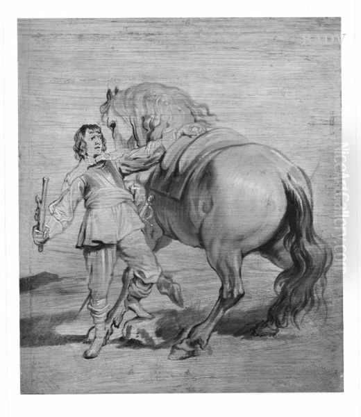 young officer holding his horse - view 1