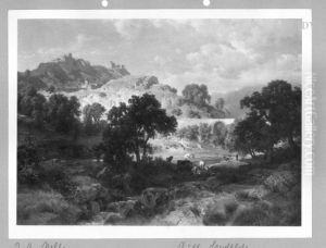 Sudliche Landschaft mit Brucke und Kuhen by Johann Gottfried Steffan
