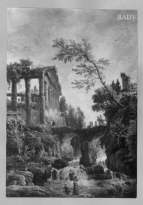 Wasserfall mit Brucke und antiker Tempelruine