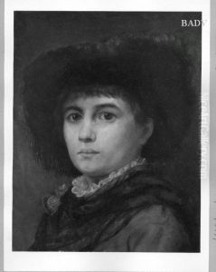 Portrait of woman with hat and red flower by Hans Makart