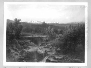 landscape with town + mountains at sun-set by Fritz Bamberger
