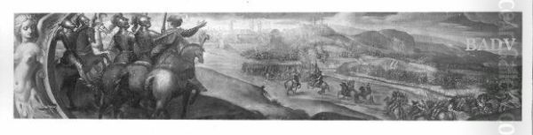 Battle - scene in landscape with town - view 1