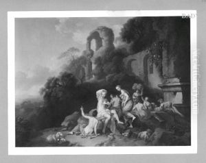 group of nymphs in front of ruins.
