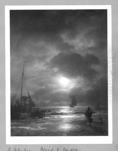 Coast by moonlight with ships and staffage