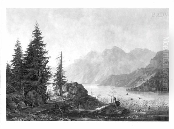 Gebirgssee mit Entenjagd - view 1
