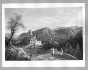 Sudliche Landschaft mit Kirche und Staffage (italienische Landschaft mit Klosterkirche) by Eduard Agricola