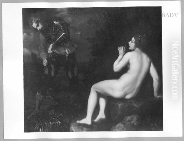 Ritter in schwarzer Rustung und bekleidete Frau, in d. Hand einen Ring - view 1