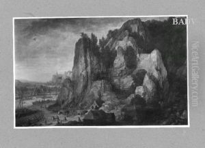 Felsenlandschaft mit Steinbruch, Hafen und Staffage (bei Linz)