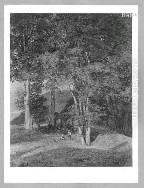 Maple trees near Ischl (house under trees and two children) - view 1